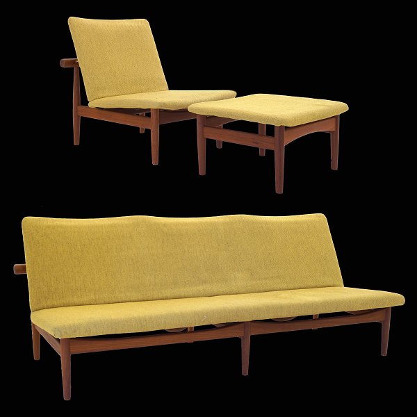 A Finn Juhl Japan Sofa and easychair with stool. Original upholstery. Produced 
by France and Daverkosen and with label