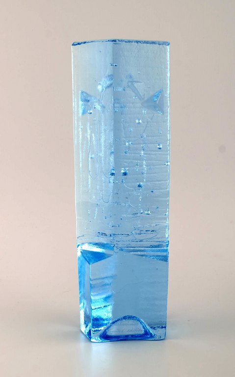 Christer Sjögren for Lindshammar. Large glass sculpture in light blue mouth 
blown art glass. Limited edition XX / 450. Dated 1990.
