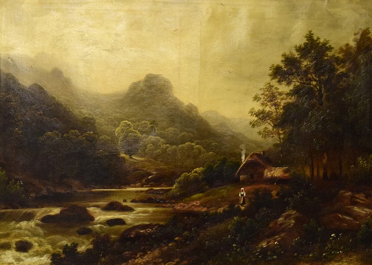 Unknown European artist. Oil on canvas. River landscape with mountains in the 
background and person. 19th century.
