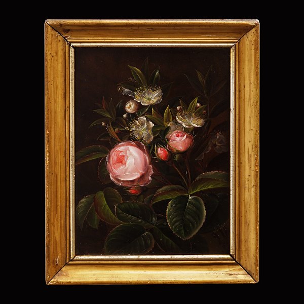 Blumengemälde von der Schule I. L. Jensens. Öl auf Holz. Signiert "EM" um 1830. 
Lichtmasse: 19x13,5cm. Mit Rahmen: 23,5x18cm