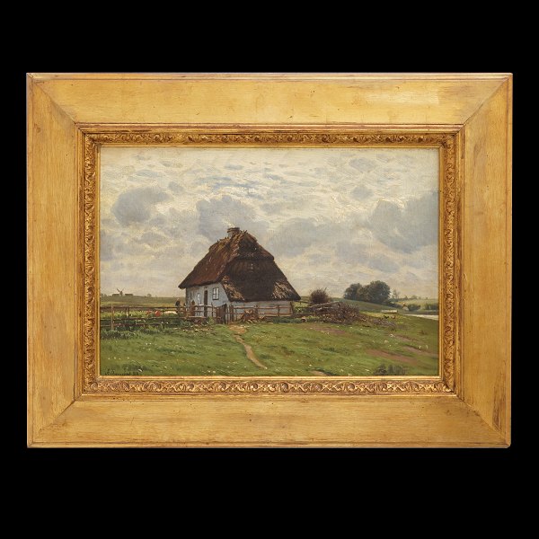 Anton Thorenfeldt, 1839-1907, Öl auf Leinen. "Ein Bauernhaus bei Bauelse". 
Signiert und datiert 1888. Lichtmasse: 27x40cm. Mit Rahmen: 45x58cm