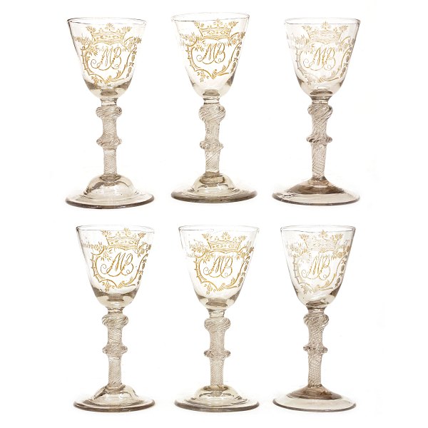 A set of six rare gilt "Chrystal Desert" glasses from Nøstetangen, Norway circa 
1760. H: ca. 16,7cm