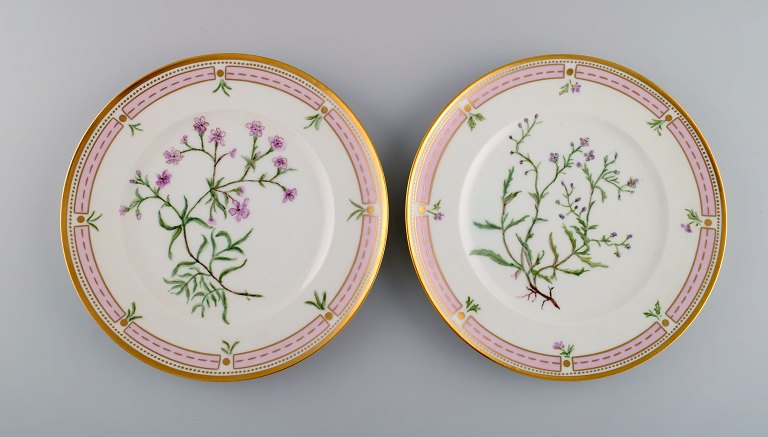 To Bing & Grøndahl tallerkener i porcelæn med håndmalede blomster og 
gulddekoration. Flora Danica stil, 1920/30