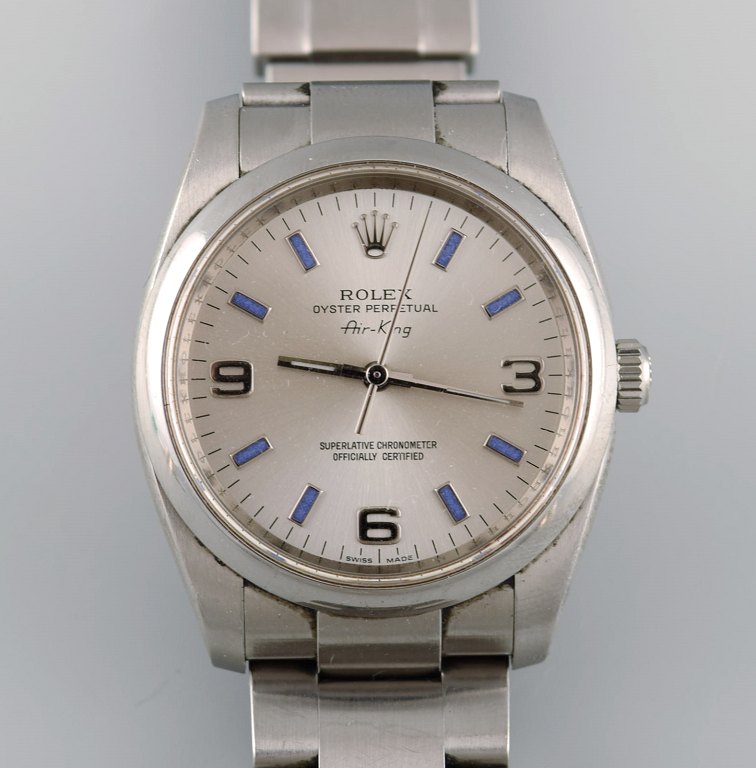 Rolex Air-King, stål. Original lænke. Foldelås. Automatisk. Safirglas. 
2000