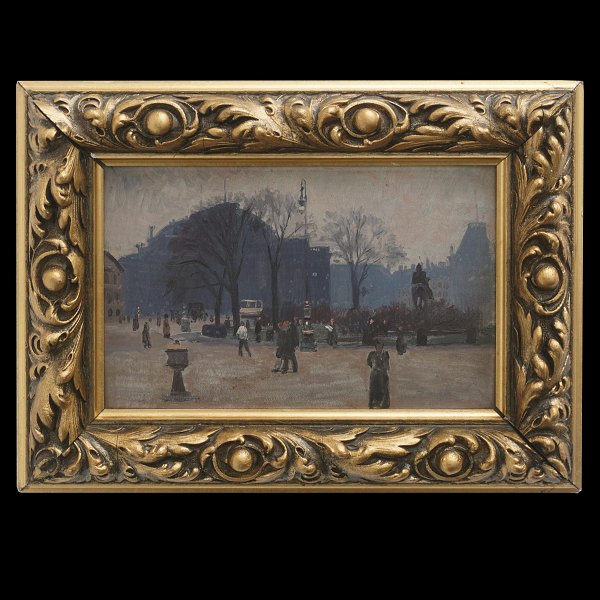 Frants Henningsen, 1850-1908, olie på plade. "Parti fra Kgs. Nytorv 1891". 
Lysmål:  13x21cm. Med ramme: 22x30cm