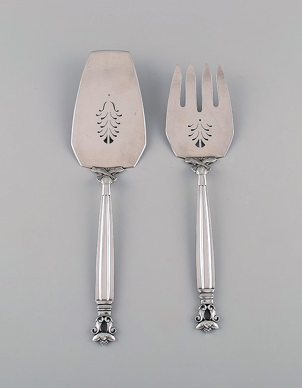 Georg Jensen Acorn fish serving set in openwork sterling silver.
