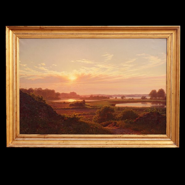 C. A. Kølle, 1827-72, Öl auf Leinen. "Sonnenuntergang bei den Ruinen vom Schloss 
Gurre". Signiert und datiert 1859. Lichtmasse: 93x149cm. Mit Rahmen: 117x164cm