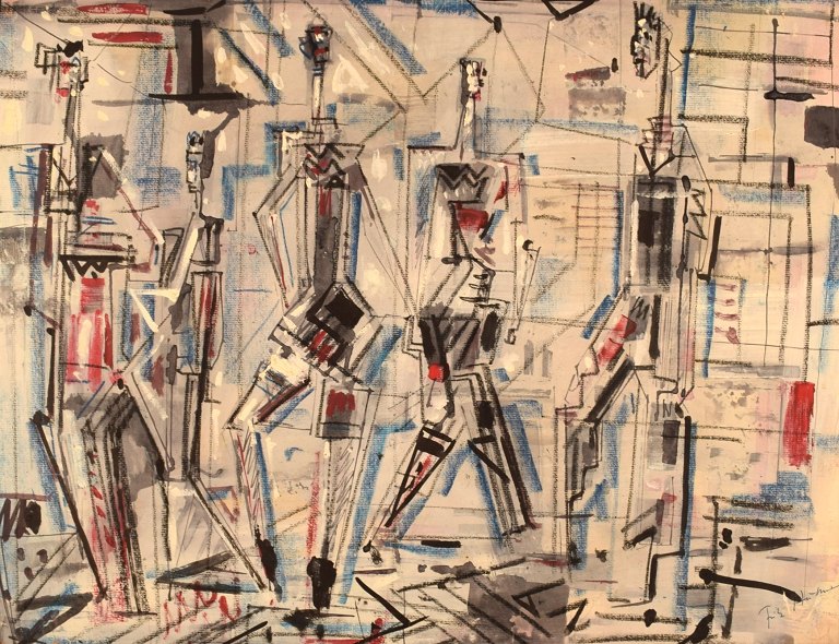 Fritz Huhnen (1895-1981), tysk kunstner. Mixed media på lærred. Fem personer. 
Midt 1900-tallet.
