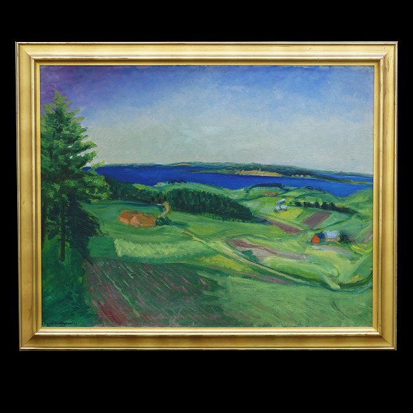 Jens Søndergaard, 1895-1957, oil on canvas. Landscape at the Limfjord at Humlum. 
Signed and dated 1934. Visible size: 94x119cm. With frame: 110x135cm