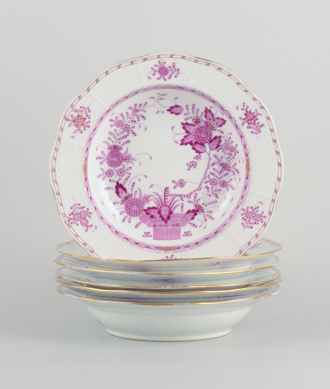 Herend, Indian Basket Raspberry, Hungary, a set of six large deep plates. Hand 
painted in purple with gold decoration.