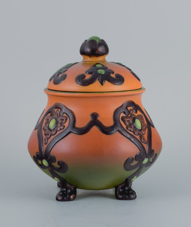 Ipsens, Denmark, beautiful Art Nouveau jar with glaze in orange and green tones.