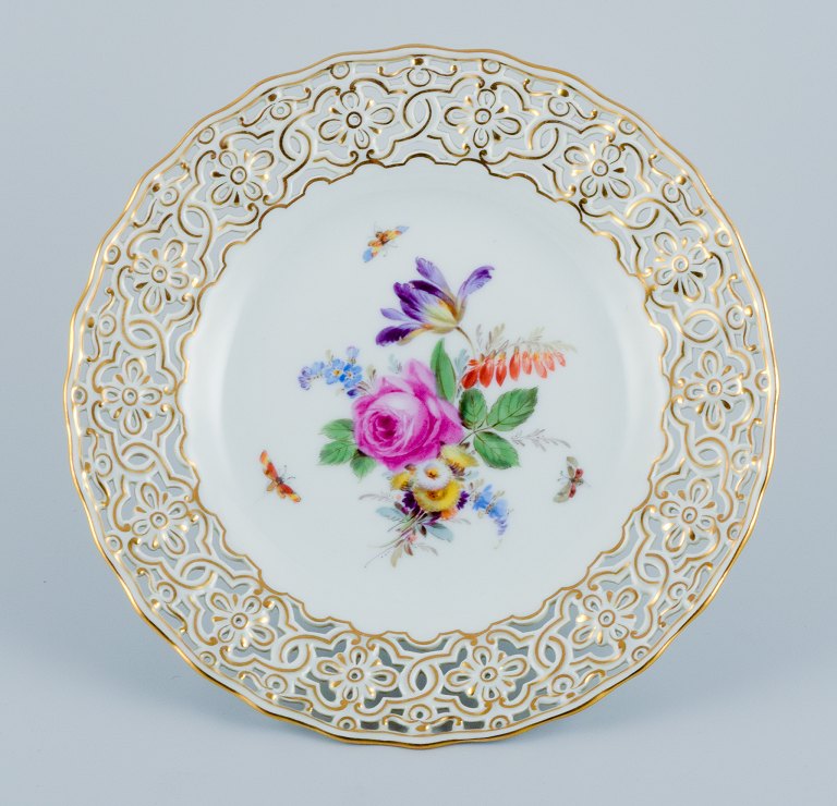 Meissen, Germany, openwork plate hand painted with flowers and butterflies.