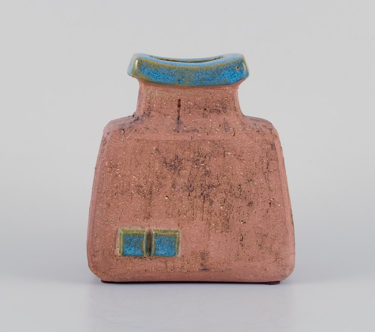 Curt Addin, own workshop, Swedish ceramicist. Unique ceramic vase in a modernist 
and stylish design. Chamotte clay, glaze in blue-green shades.