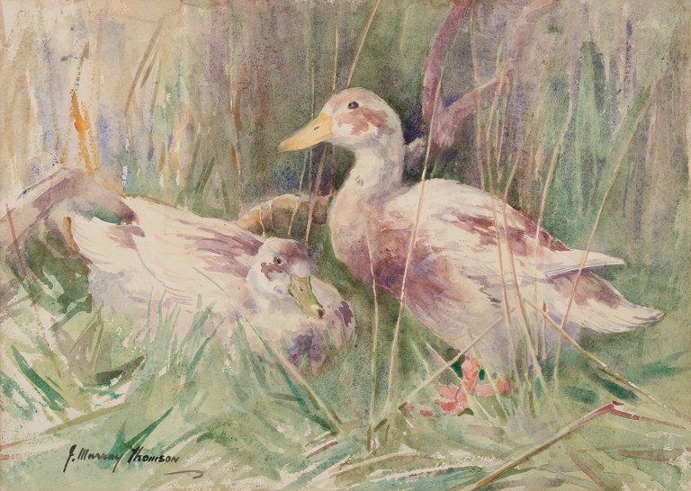 John Murray Thompson (1885-1974), British artist. Watercolor on paper. Ducks in a landscape.