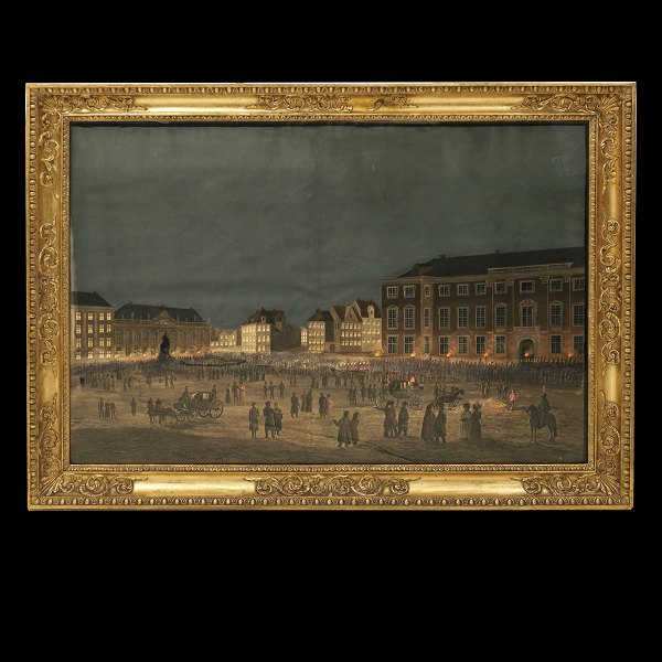 Gouache showing Kongens Nytorv, Copenhagen, Denmark, circa 1840. Visible size: 
69x101cm. With frame: 85x117cm