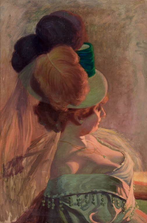 Henry Bouvet, French artist, oil on canvas.A woman in elegant attire at the theater. High-quality painting.