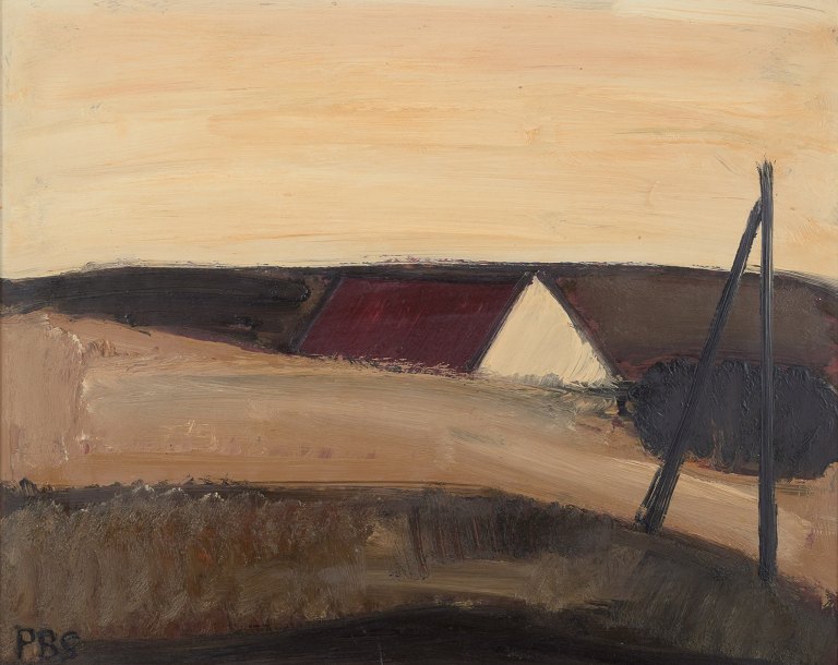 Peder Brøndum Sørensen (1931-2003), Danish painter, oil on canvas.Modernist landscape with house and fields.