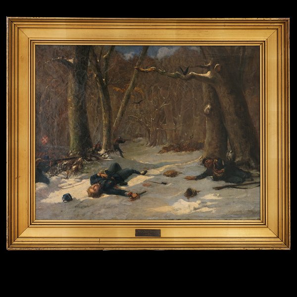 David Jacobsen, 1821-71, oil on canvas. Wounded soldiers in the forest. Signed 
and dated 1864. Visible size: 48x61cm. With frame: 62x75cm