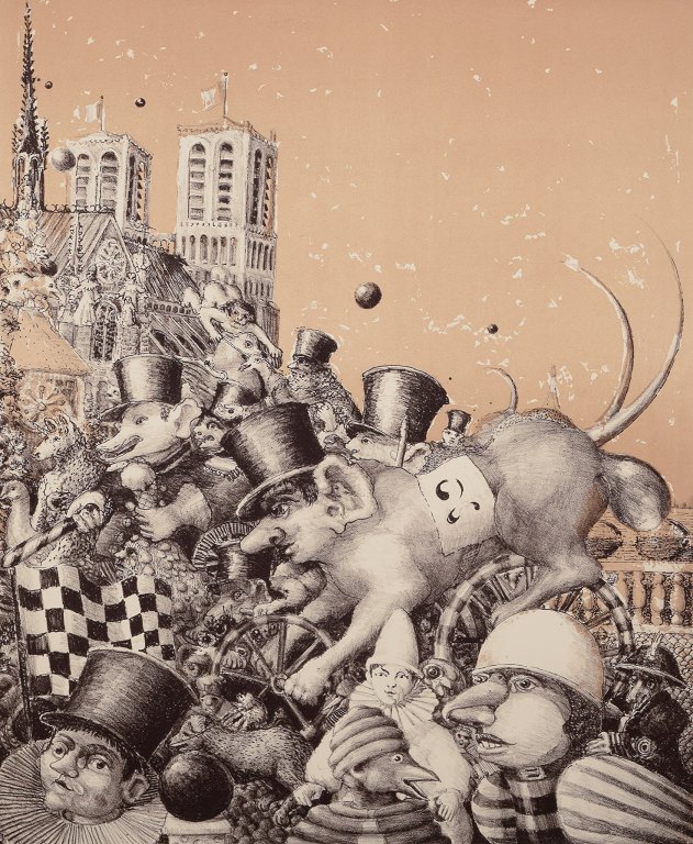 Jeppe Eisner, listed Danish artist.Color lithograph, depicting a city festival.