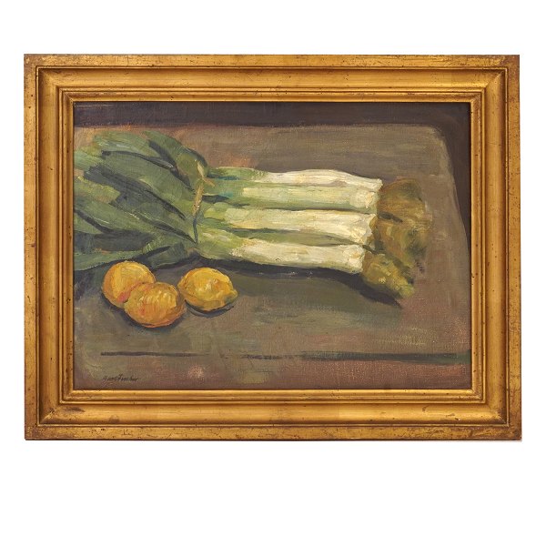 Carl Fischer, 1887-1962, Öl auf Leinen. Stilleben mit Zitronen und Lauchen. 
Signiert. Lichtmasse: 43x59cm. Mit Rahmen: 57x73cm