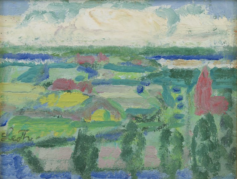 Leo Thellefsen (1909 - 1997), oil on board. Modernist landscape.