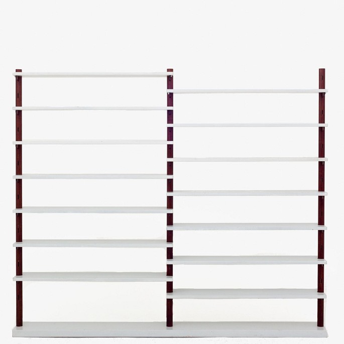 Aksel Bender Madsen and Ejner Larsen / Willy Beck.Rare teak shelving system/room divider with original, grey lacquered shelves. Designed in 1949 and first exhibited at the Copenhagen Cabinetmakers