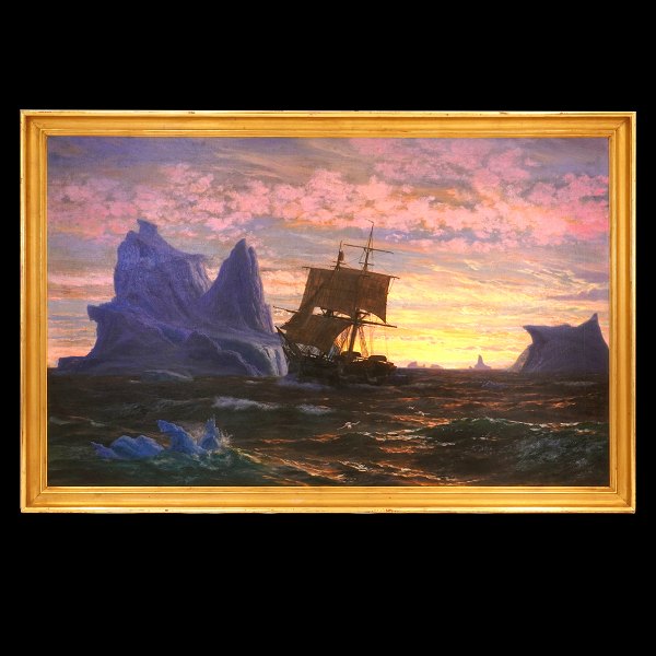 Jens Erik Carl Rasmussen, 1841-93, oil on canvas. Ship at the coast off Greenland. Signed and dated 1872. Visible size: 98x156cm. With frame: 112x170cm