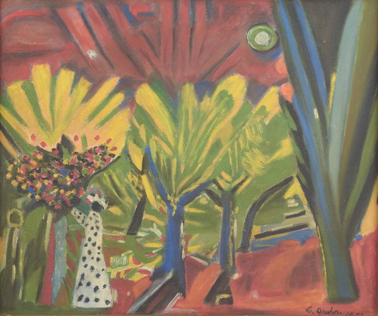 C. Grahn, svensk kunstner.Abstrakt komposition med træer og figur.Olie på plade.