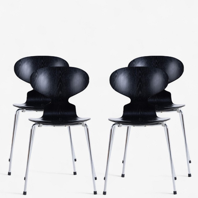 Arne Jacobsen / Fritz Hansen.
AJ 3100 - Set of 4 black-glazed Ant chairs with steel frame.
Contact us regarding stock
