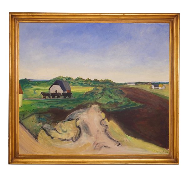 Jens Søndergaard, 1895-1957, oil on canvas. "Landscape" signed and dated 1952. Visible size: 117x129cm. With frame: 135x147cm