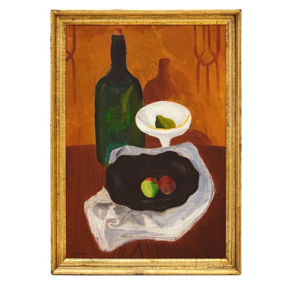 Jais Nielsen maleri. Jais Nielsen, 1885-1961, olie på lærred. Opstilling med flaske, opsats og æbler i skål. Signeret "Jais 14". Lysmål: 70x47cm. Med ramme: 79x56cm