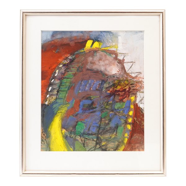Jørgen Nash maleri. Jørgen Nash, 1920-2004, mixed media på papir. Signeret. Lysmål: 29x24cm. Med ramme: 40x34cm