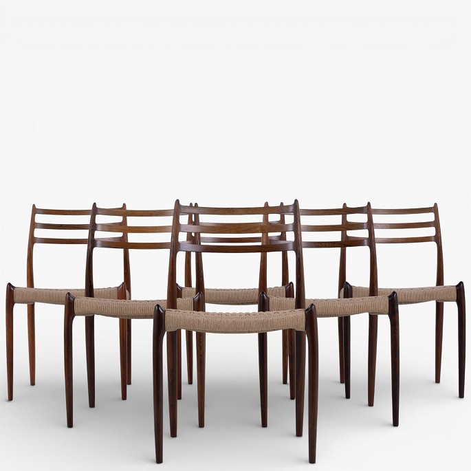 N. O. Møller / J. L. Møllers Møbelfabrik.NO 78 - Sæt á 6 spisestole i palisander med sæde i papirgarn. Mærket fra producent.1 sæt på lager