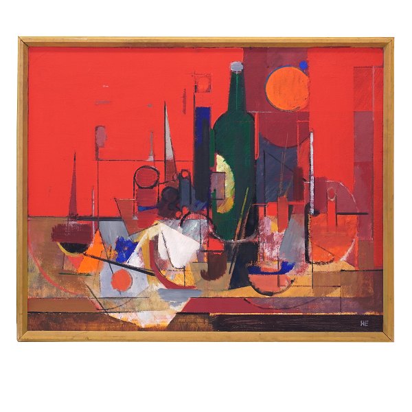 Maleri Helge Ernst. Helge Ernst, 1916-91, olie på lærred. "Den Grønne Flaske". Signere tog dateret 1975. Lysmål: 59x73cm. Med ramme: 64x78cm