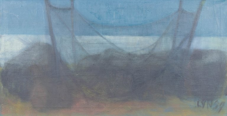 Lars Yngve Nilsson, “Svarta stenar o fiskenät”, olie på lærred, svensk kunstner.