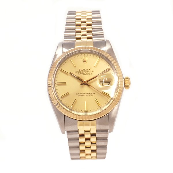 Rolex Oyster Perpetual Datejust g/s ref. 16013. Dansk sæt leveres med boks og certifikat dateret 08.03.1982, nyserviceret. D: 36mm