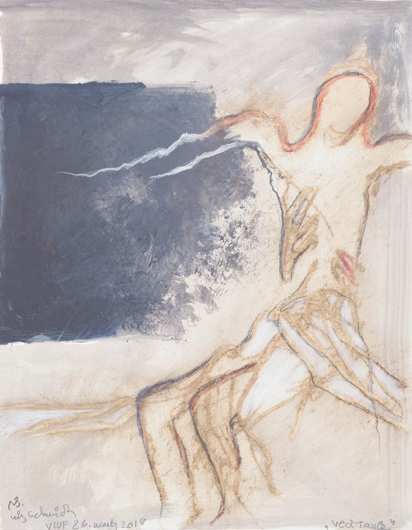 Nis Schmidt, "Ved tavle", mixed media on paper, listed Danish visual artist.